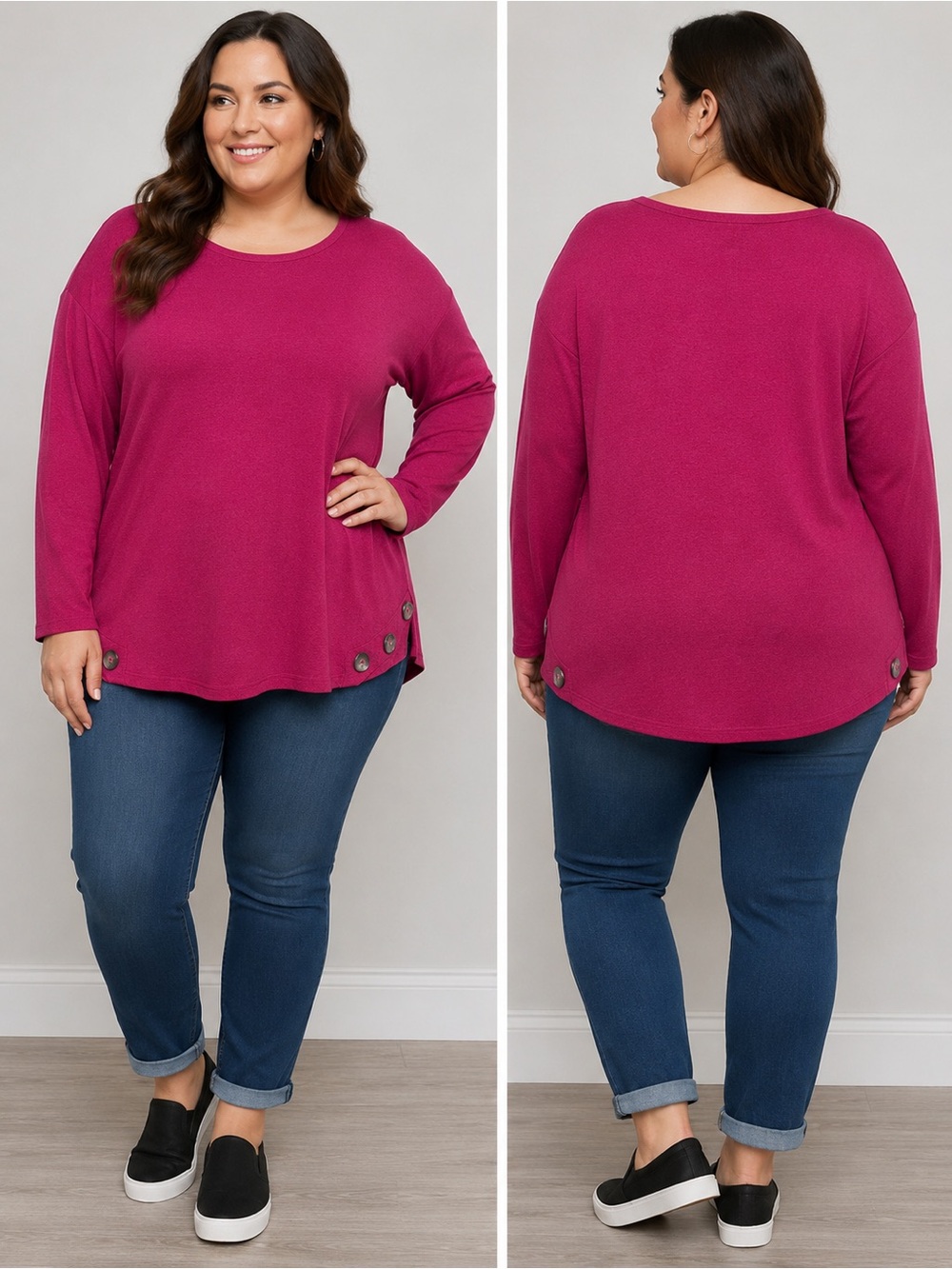 2 Dye 4 Women’s Plus 3X Long Sleeve Tunic Top – Berry Pink Button Hem
